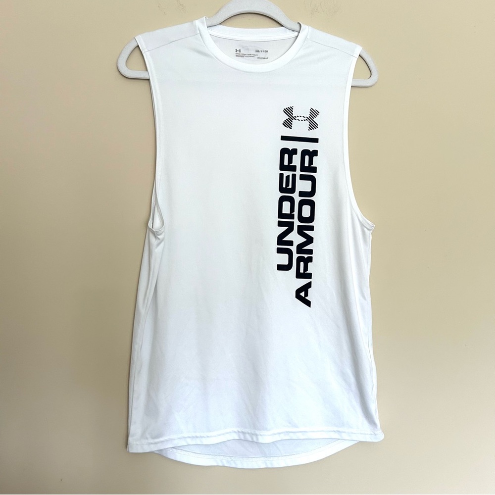 Under Armour Men’s White Muscle Tank Top with Black Vertical Logo